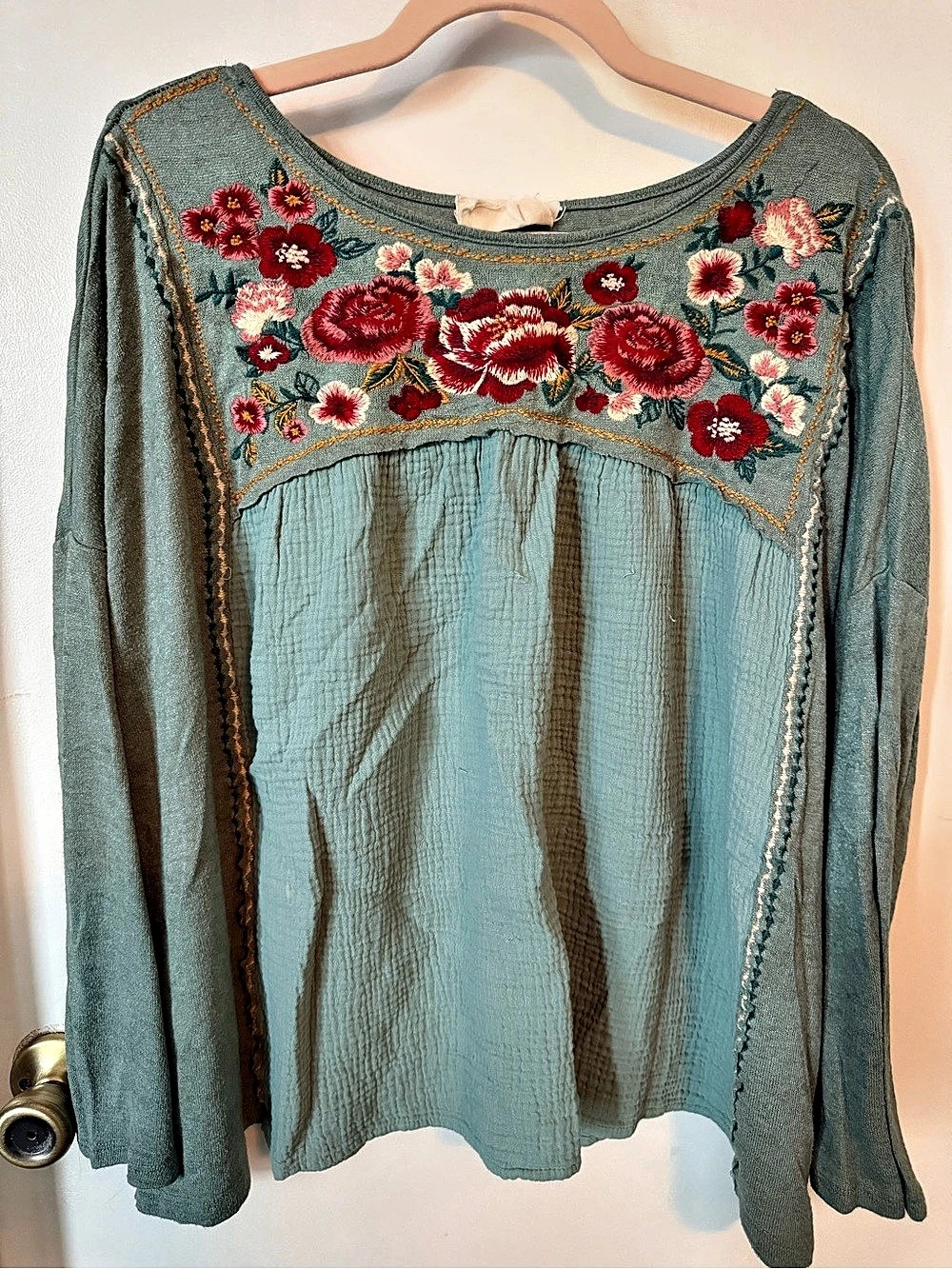 Savanna Jane 1X Sage Floral Embroidered Boho Top